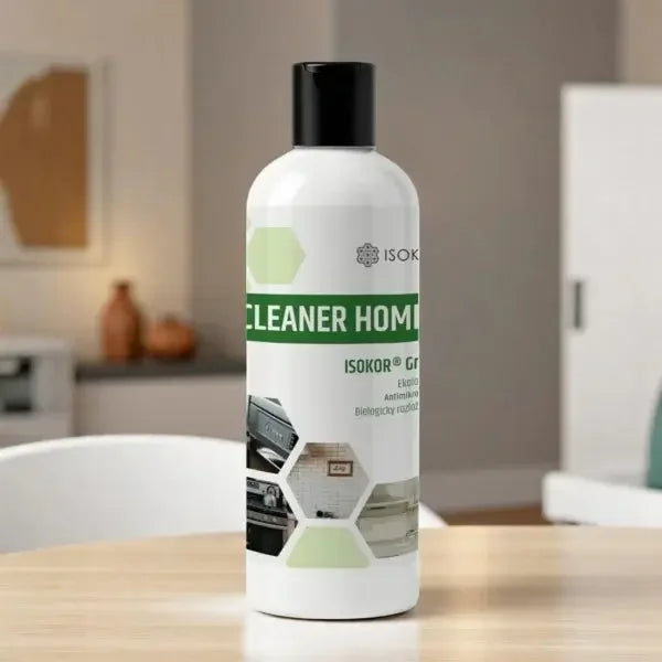 Rengjøringsmiddel 500ml med grønn etikett på kjøkkenbord, moderne hjemmemiljø.