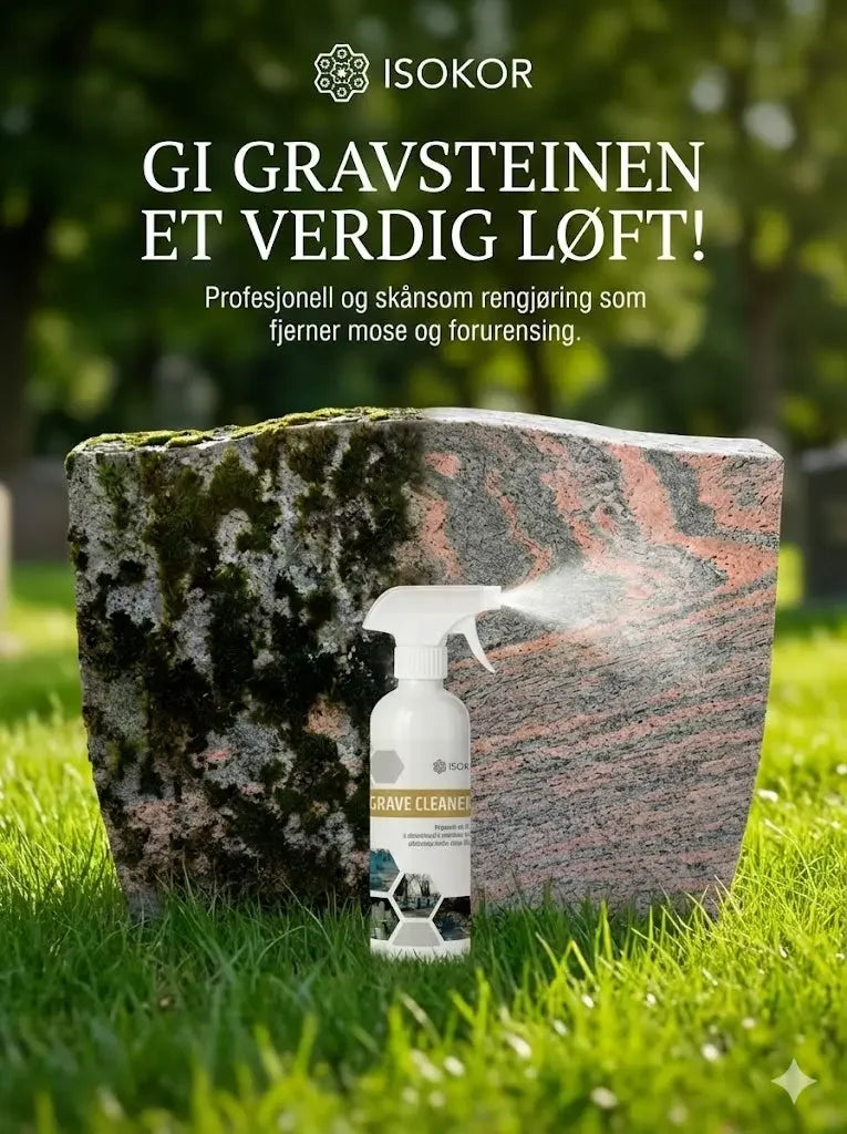 Rengjøringsspray for gravstein på grønn plen, fjerner mose og forurensning skånsomt.