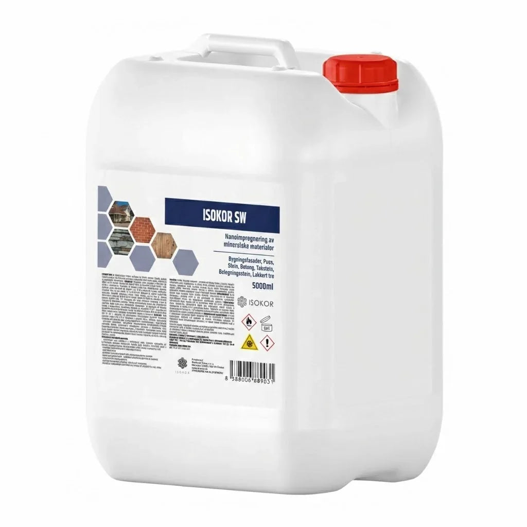 5-liters kanne med ISOKOR SW nanoimpregnering for mur, betong og stein, etikett synlig