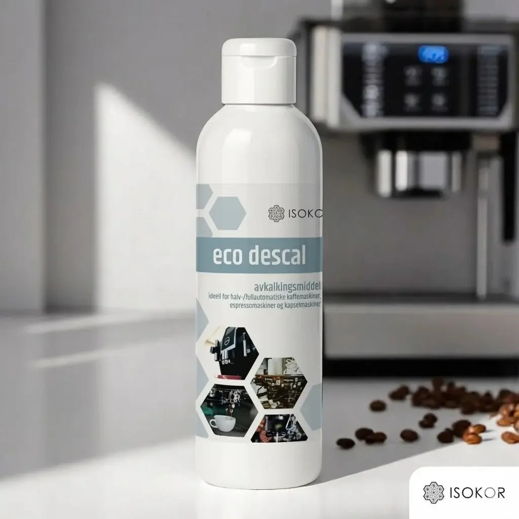 Miljøvennlig avkalkingsmiddel for kaffemaskin, flaske foran kaffemaskin og kaffebønner