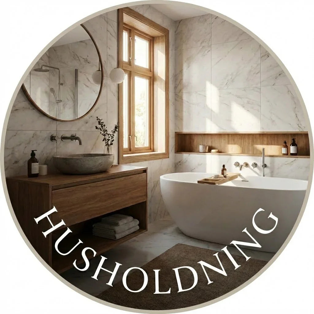 Moderne bad med badekar, servant i tre og naturlig lys, husholdning rengjøring