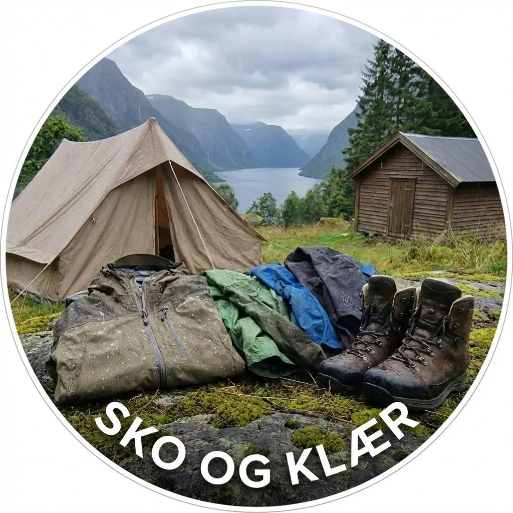 Tursko og regntøy foran telt og hytte i norsk fjellandskap, utendørs fritidsutstyr.