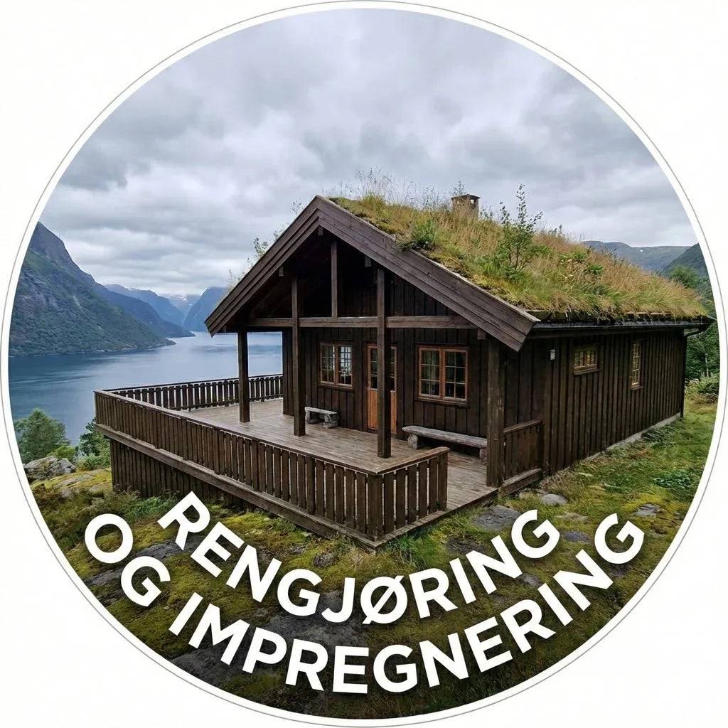 Tradisjonell norsk hytte med torvtak ved fjord, tekst rengjøring og impregnering