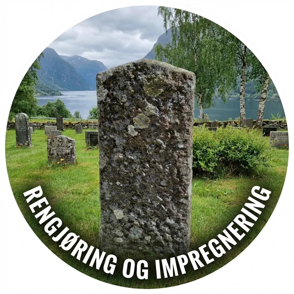 Gammel gravstein i nordisk landskap, tekst: rengjøring og impregnering gravstein