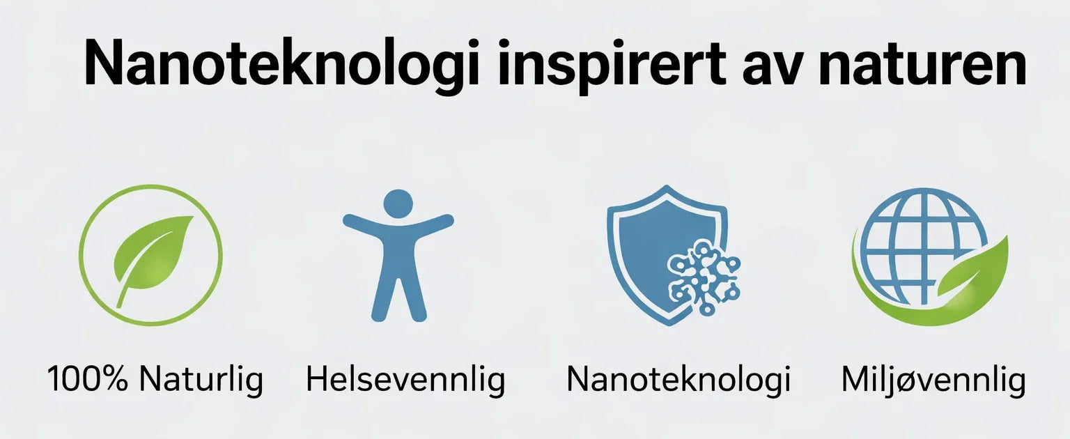Grafikk med teksten 'Nanoteknologi inspirert av naturen', ikoner for naturlig, helsevennlig, nanoteknologi og miljøvennlig rengjøring.