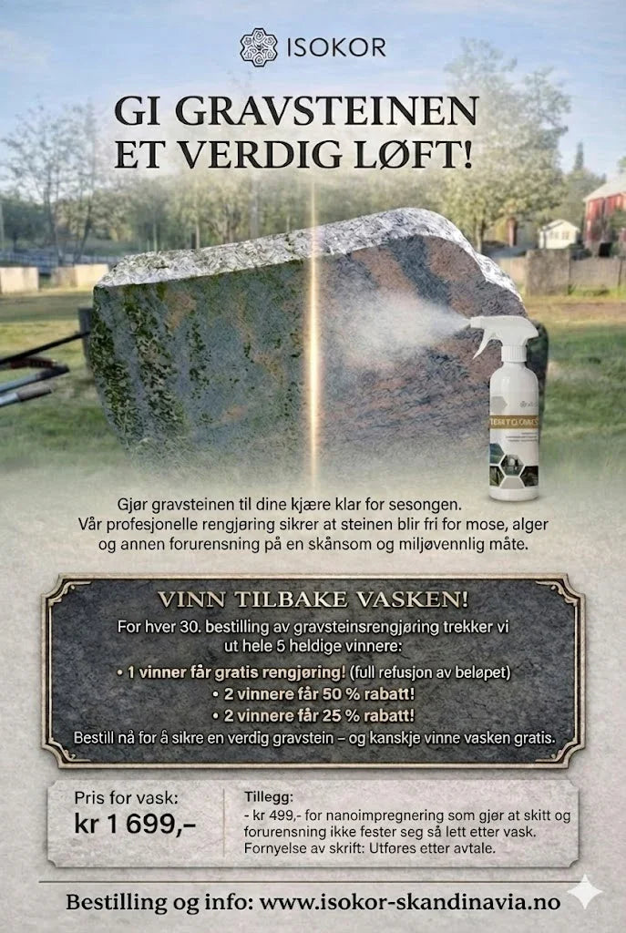 Rengjøring av gravstein utendørs med miljøvennlig spray, gravplass i bakgrunnen.