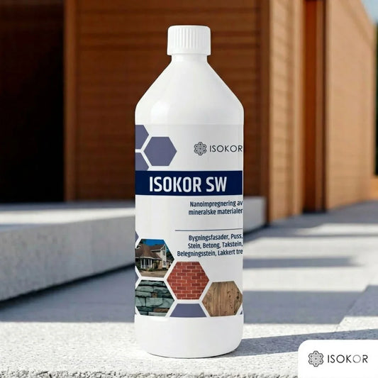 Flaske med Isokor SW nanoimpregnering for stein, puss, betong og mur utendørs.
