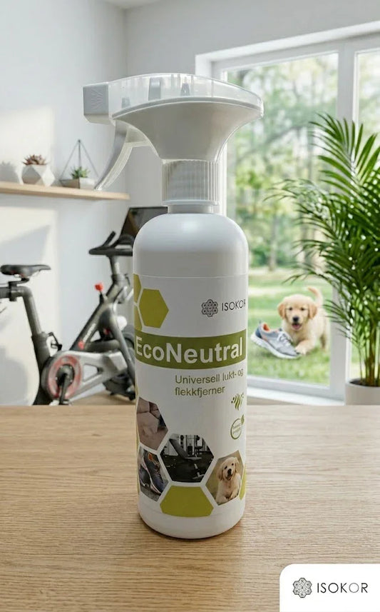 Sprayflaske med universell lukt- og flekkfjerner på bord, vaskemiddel for hjem og kjæledyr