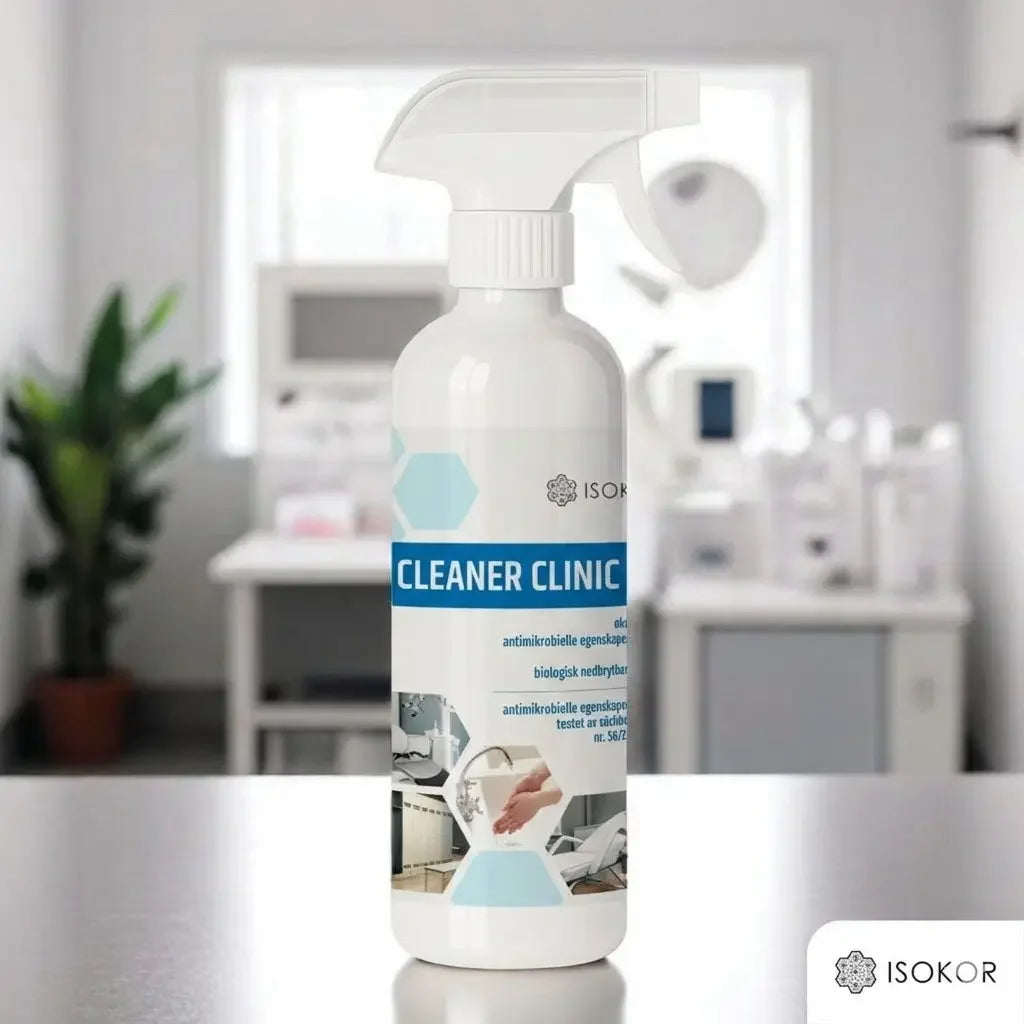Sprayflaske med etikett 'Cleaner Clinic', økologisk rengjøringsmiddel på klinikkbord, lys klinikkbakgrunn.
