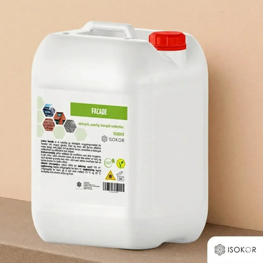Stor hvit 5-liters kanne med økologisk fasaderengjøring, grønn etikett og rød kork.