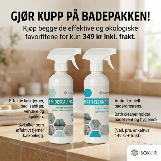 To flasker økologisk kalkfjerner og baderomsrens på baderomsbenk, lys bakgrunn.