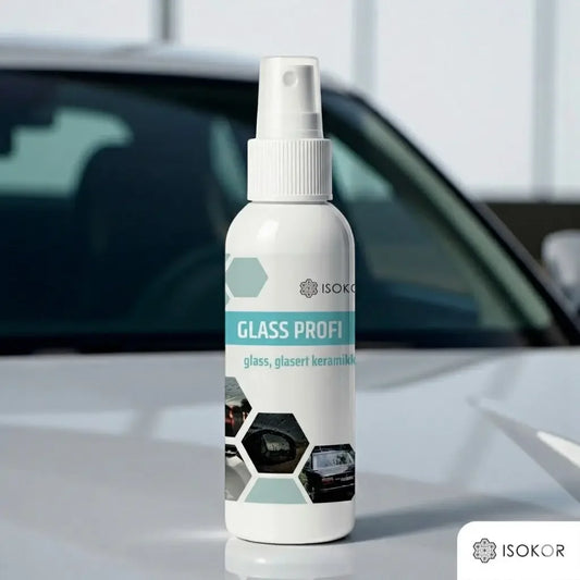 Sprayflaske med glassrens for bilglass og keramiske overflater, stående foran bil.